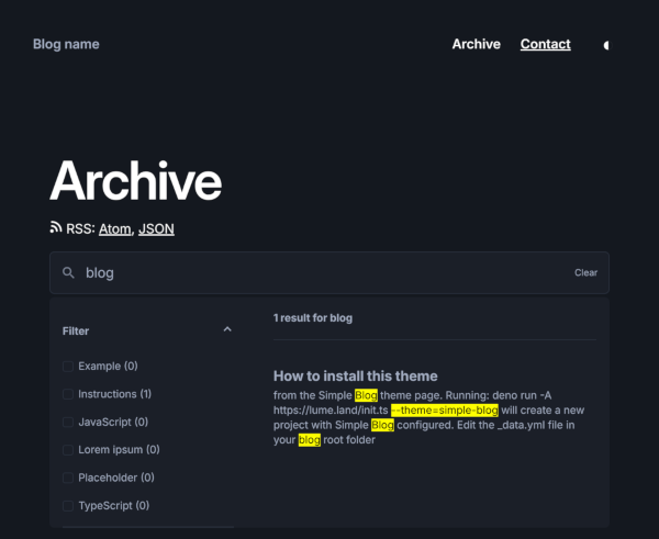 Screenshot of Lume Simple Blog showing it's search box feature