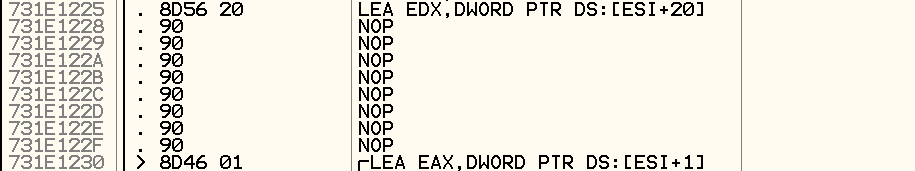 Olly view of fixed NOP instruction in 3.dll Image
