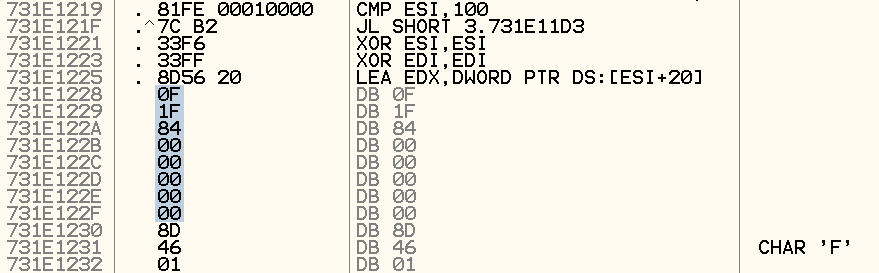 Olly view of multi-byte NOP instruction in 3.dll Image